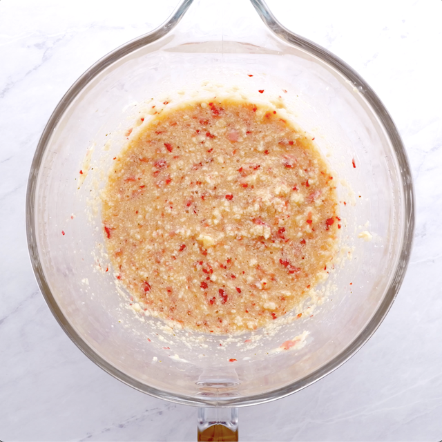 An overhead shot of blended with strawberry batter mixture.