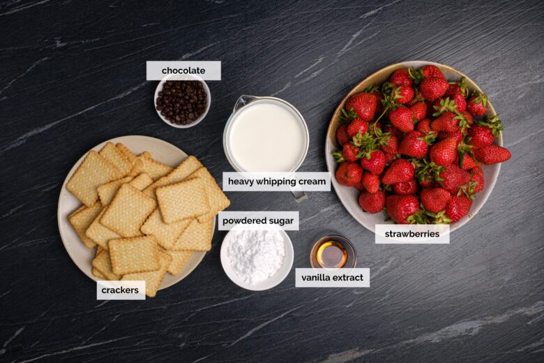 Overhead shot of ingredients to make strawberry icebox cake.