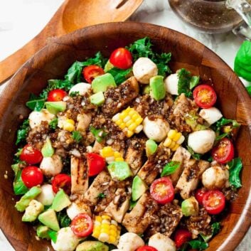 Chicken caprese salad with balsamic dressing.