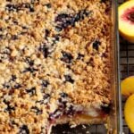 peach blueberry crumb bars in pan.