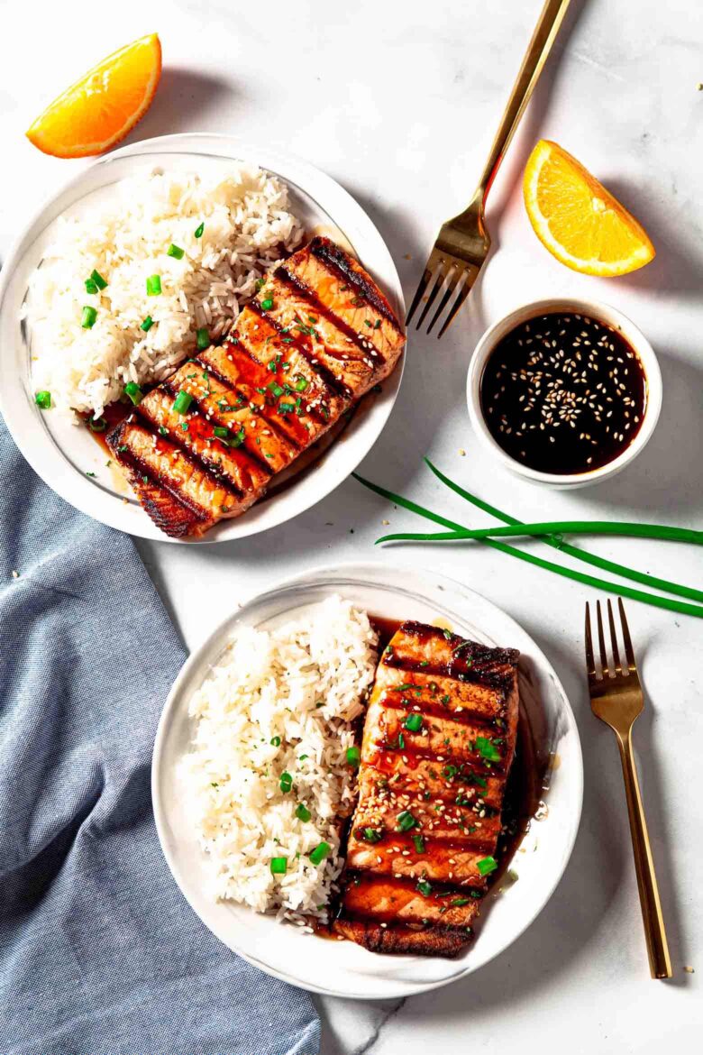 teriyaki salmon served with rice.