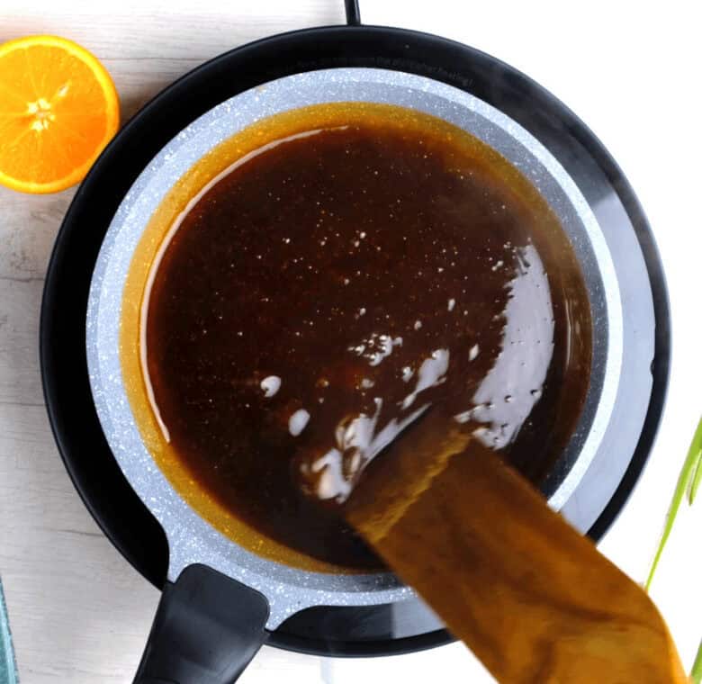 Teriyaki sauce with orange juice and soy sauce. 