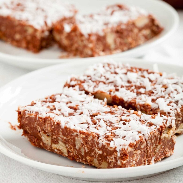 A white plate with two chocolate peanut butter oatmeal bars, topped with shredded coconut.