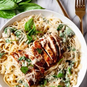 A plate of healthy chicken Alfredo in creamy sauce topped with sliced grilled chicken, fresh basil leaves, and grated cheese.