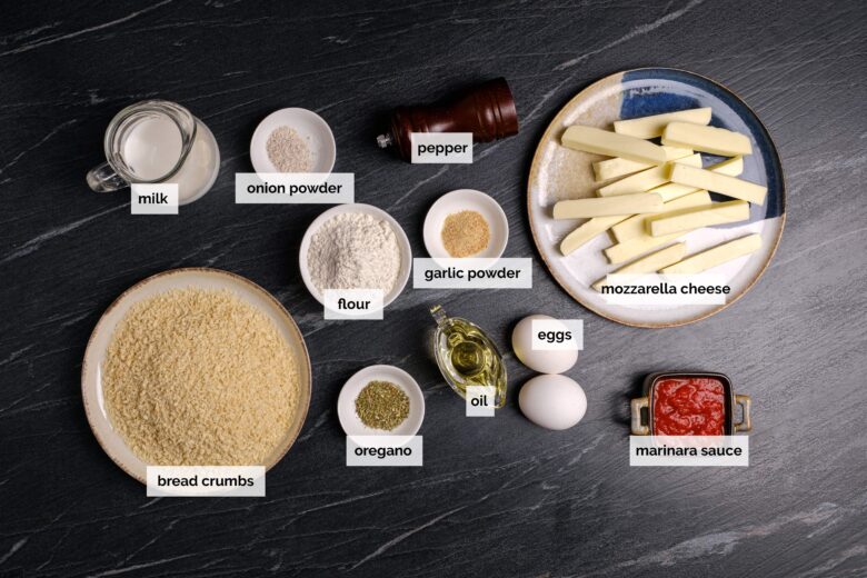 Overhead shot of ingredients to make homemade mozzarella sticks.