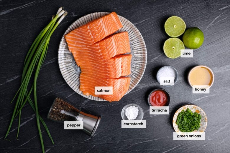 Overhead shot of ingredients to make honey glazed salmon.