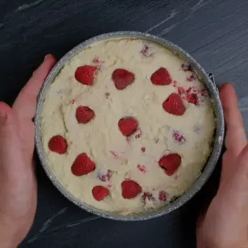 easy raspberry cake batter in cake pan.