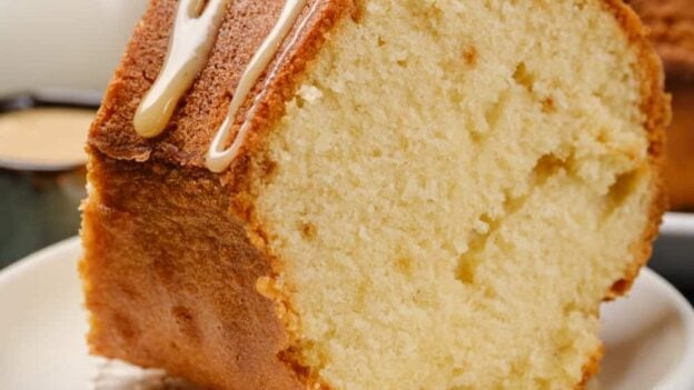 Brown sugar pound cake with caramel drizzle.