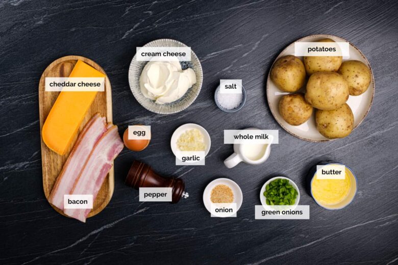 Overhead shot of ingredients to make creamy baked mashed potatoes.