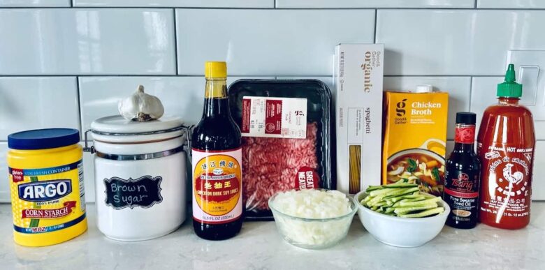 Ingredients to make dan dan noodles on a kitchen counter.