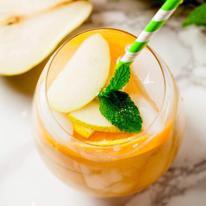 glass of easy pear sangria from the top.