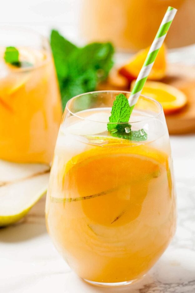 easy pear sangria in a glass.