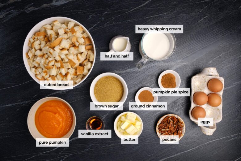 Overhead shot for ingredients to make pumpkin bread pudding.