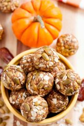 pumpkin energy balls in a bowl.
