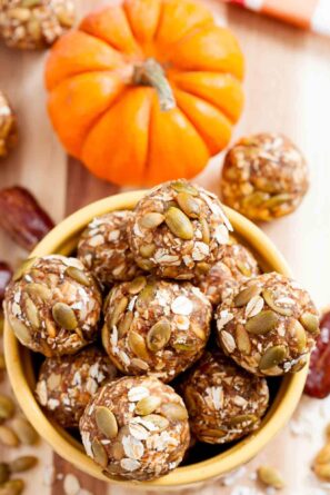 pumpkin energy balls in a bowl.