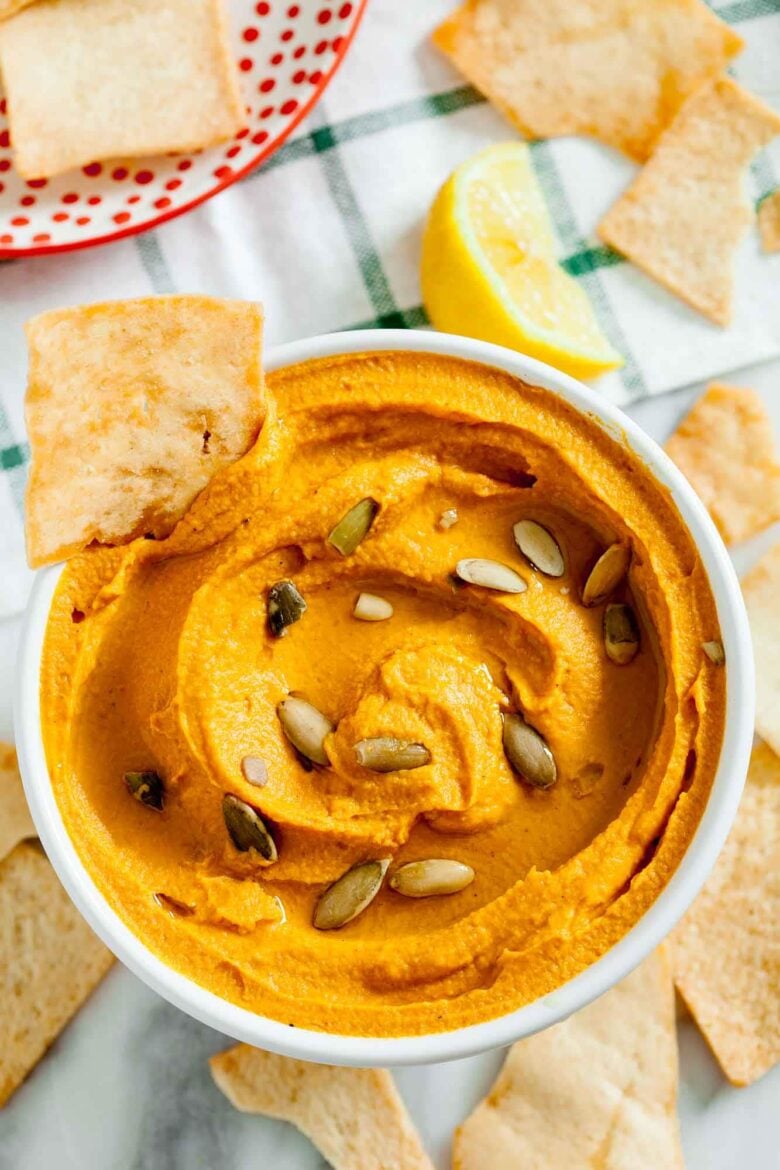 pumpkin hummus in a bowl.