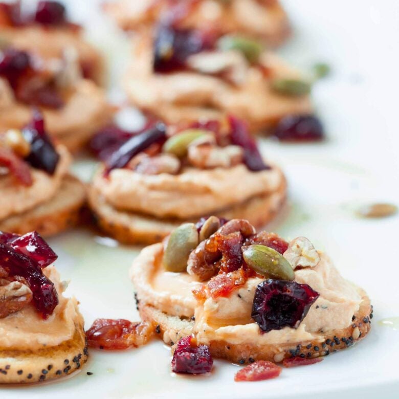 garnished pumpkin crostini close up.