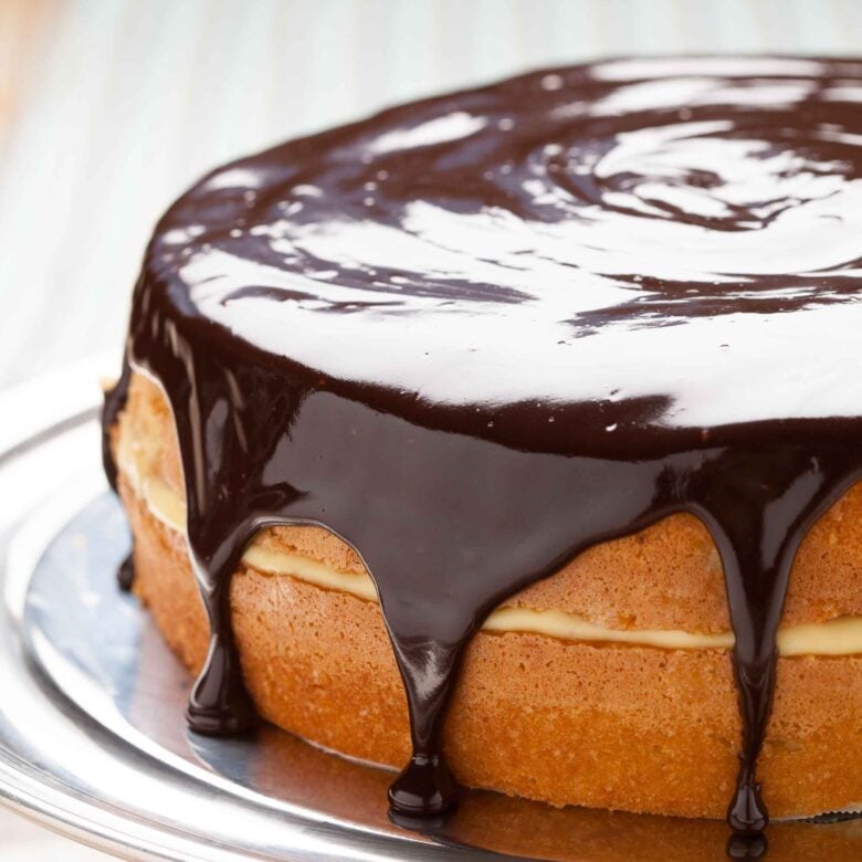 Boston cream pie completely assembled.