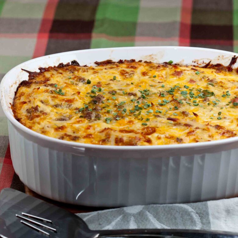 freshly baked cheesy potato breakfast casserole.