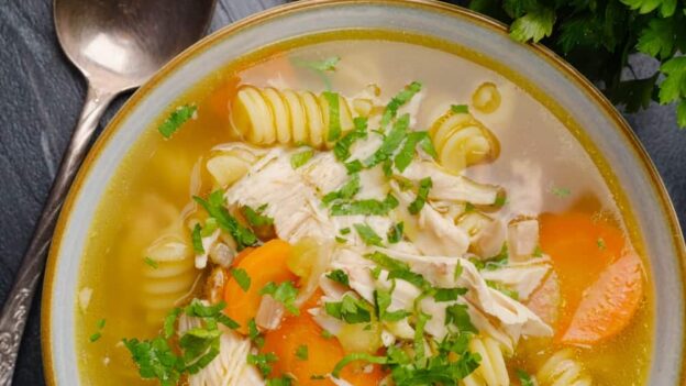 Overhead shot of a bowl of chicken noodle soup with carrots and herbs on a dark surface.