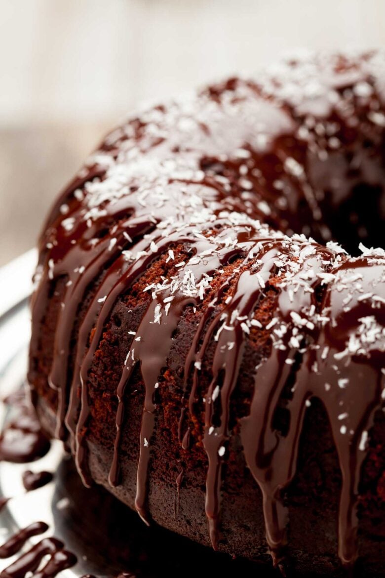 finished chocolate Bundt cake close-up.