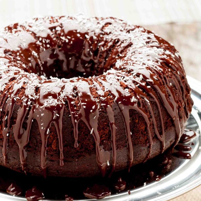 finished chocolate Bundt cake with ganache.