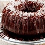 chocolate bundt cake with chocolate drizzle.