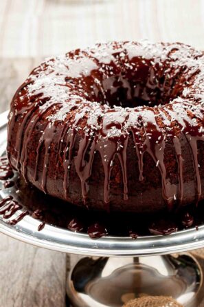 chocolate bundt cake with chocolate drizzle.