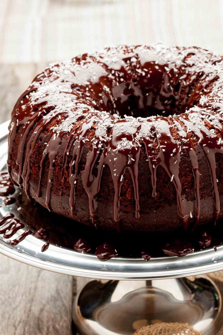 chocolate Bundt cake with chocolate ganache.