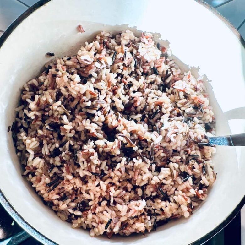 cooked wild rice in pot.
