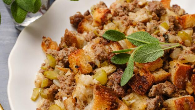 A closeup shot of plate with homemade cornbread sausage stuffing.