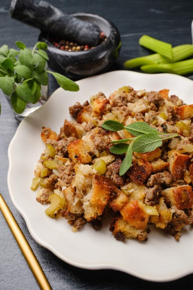 A closeup shot of plate with homemade cornbread sausage stuffing.