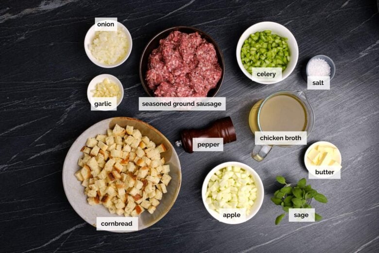 Overhead shot of ingredients to make cornbread sausage stuffing.