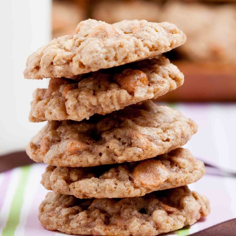 finished oatmeal butterscotch cookies stacked.