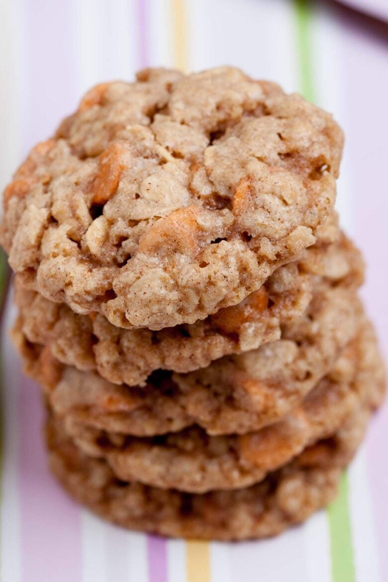 baked oatmeal butterscotch cookies stacked.