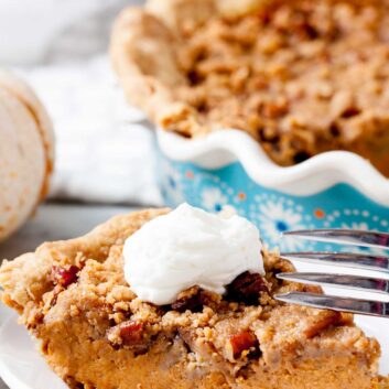 A closeup shot of a slice of pumpkin pie with streusel topping on a plate.