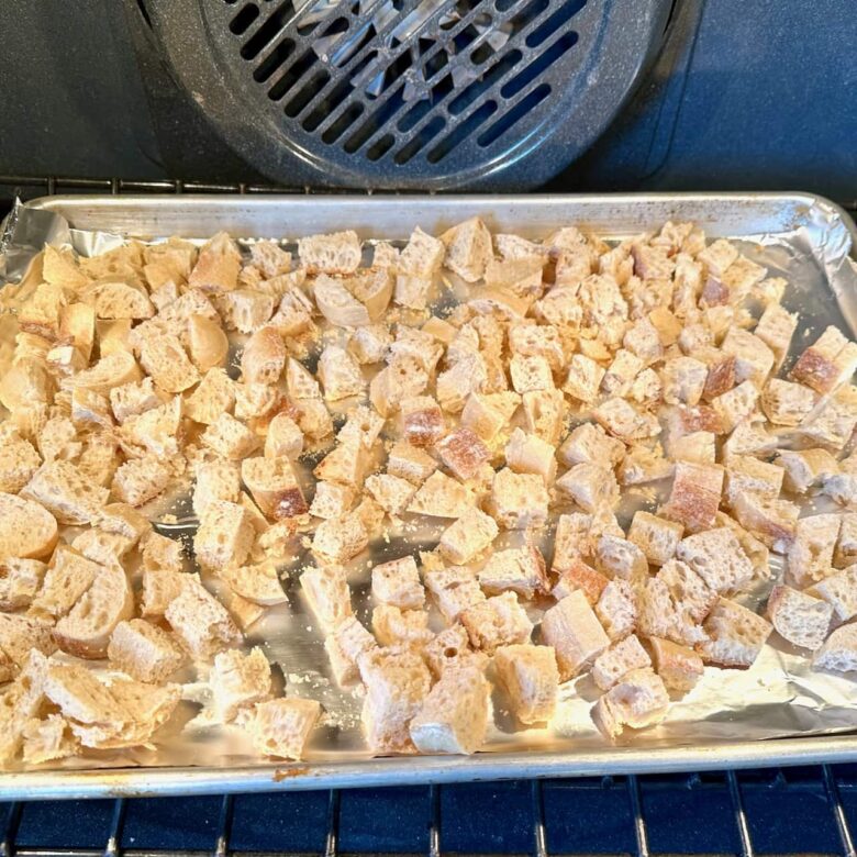 stuffing bread cubes baking in oven