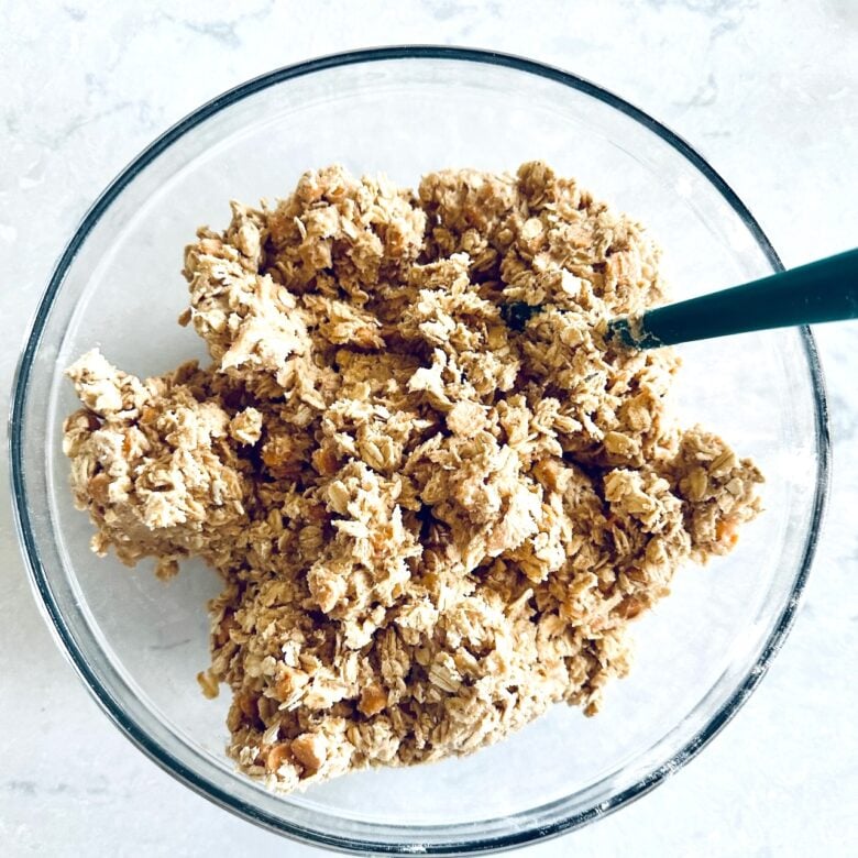 oatmeal butterscotch cookie dough in bowl.