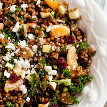 Overhead shot of Wheat Berry Salad on a white plate.