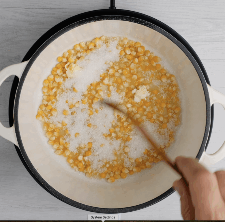 Sugar and corn kernels in pot for making kettle corn.