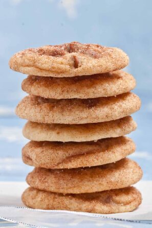 A closeup shot of a stack of chewy soft snickerdoodles with cinnamon-sugar coating.