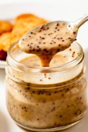 Close-up shot of a spoon lifting creamy honey mustard sauce with visible seeds from a glass jar.