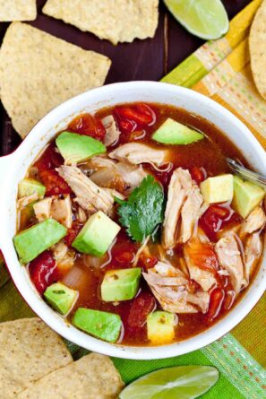 Overhead shot of a bowl of easy Mexican chicken dish with avocado chunks, tomatoes, cilantro, and chicken.
