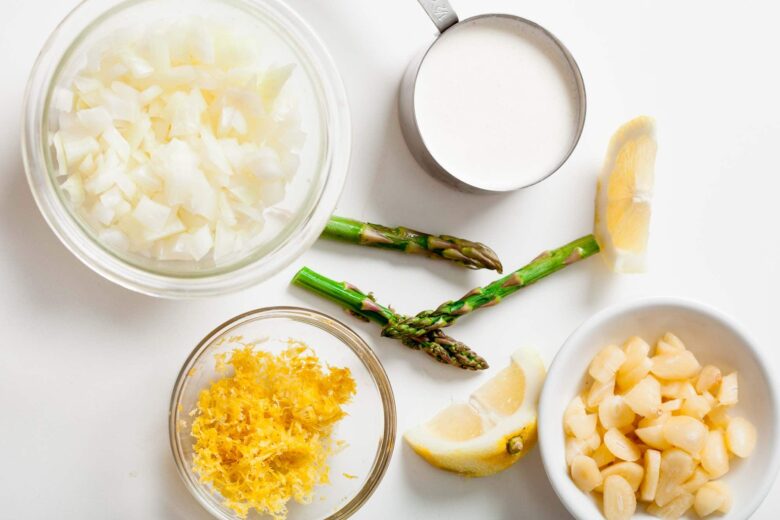 Overhead shot of ingredients to make lemon salmon pasta at home.
