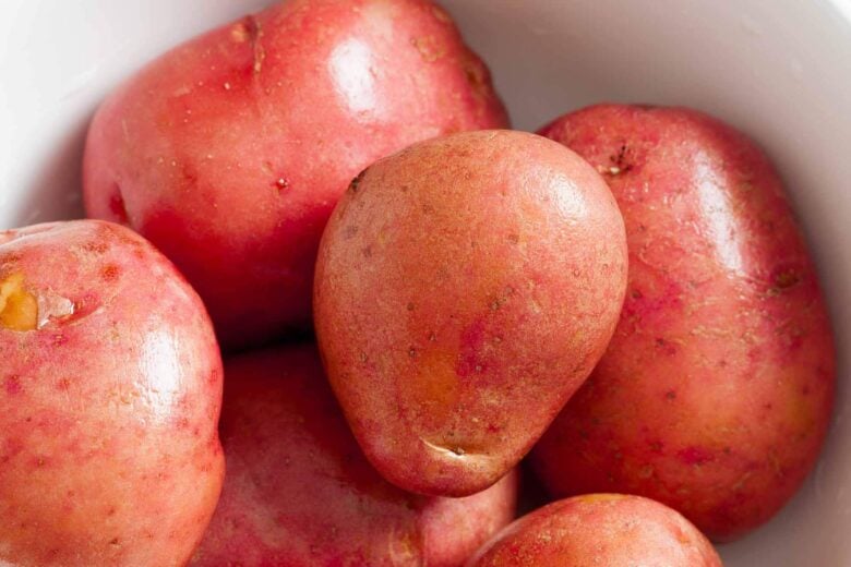 Closeup shot of red potatoes to make ranch roasted potatoes at home.