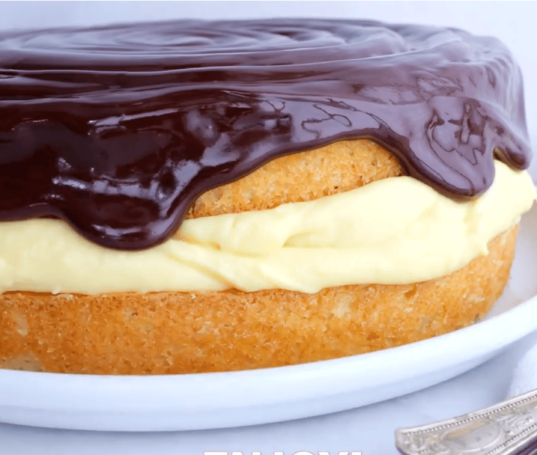 boston cream pie on a white platter