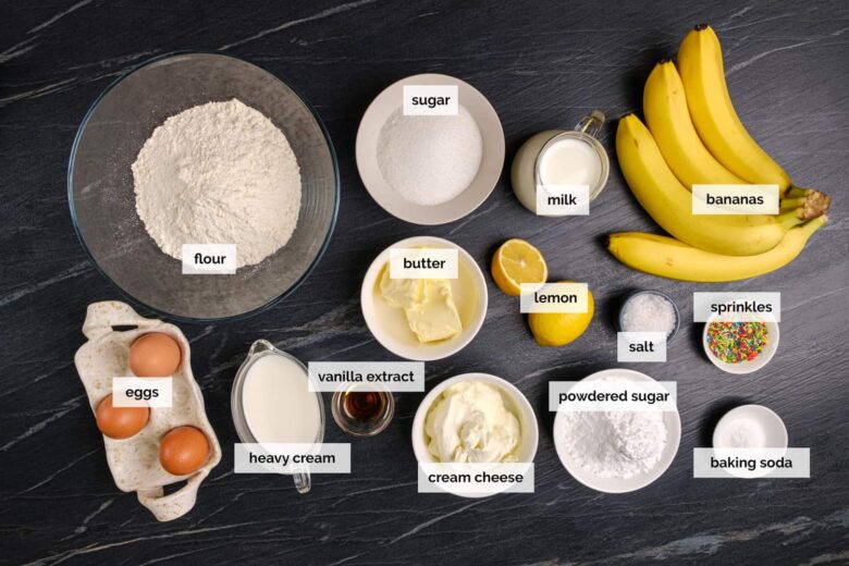 Overhead shot of ingredients to make banana cake with cream cheese frosting.