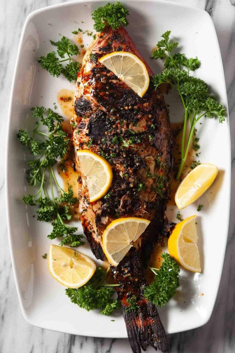 Overhead shot of beautifully grilled red snapper with sliced lemons and parsley on the side.