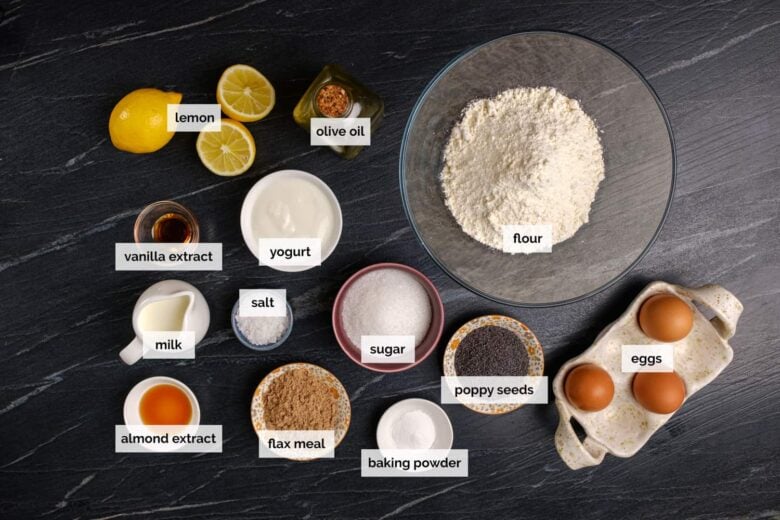 Overhead shot of ingredients to make lemon poppyseed bread.