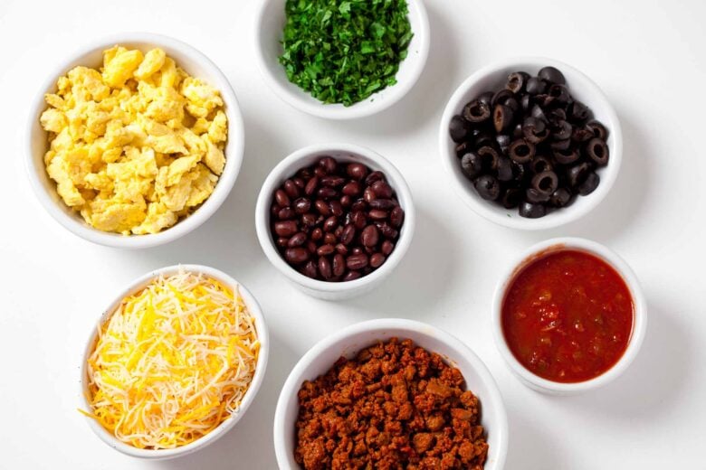 Overhead shot of ingredients to make Mexican breakfast casserole.